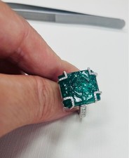Platinum Natural Zambian Carved Emerald & Diamond Ring 14.68CT picture