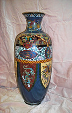 Large Antique Meiji Japanese Cloisonne Dragon Ho-o Phoenix Shield Vase 18” picture