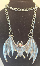 JPI 2000 Silver Tone HUGE Vampire BAT Red Eyes Necklace Signed Gothic Halloween picture