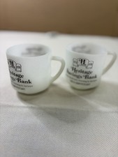 VTG. Federal Milk Glass Mugs Set Of 2 Heritage Savings Bank 1974 Heat Proof USA picture