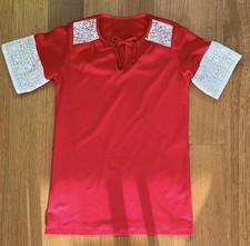 Vintage 70s Crochet Lace Block Red Top Tie Neck Peasant Prairie Folk Handmade M picture