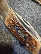 Stag Handle Western USA Folding Lockback Hunting Pocket Knife Very Nice Cond picture