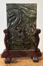 Antique Carved Old Chinese Spinach Jade Table Screen Sun Dragon Bird Estate picture