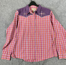 Wrangler Western Shirt Womens XL Pink Purple Plaid Embroidered Pearl Snap NWOT picture