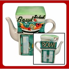 VTG Style Bowling Salad Teapot Ceramic Novelty Hand Painted Kitchen Collectible picture