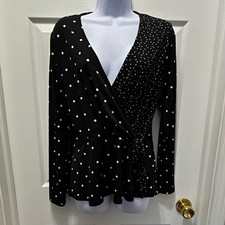 Women’s Susan Graver Black/White Polka Dot V-Neck Wrap Knit Blouse S picture