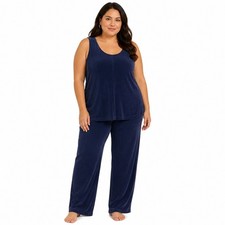 Vikki Vi 1X 2Pc Slinky Pants Set Navy Blue Tank Wide Leg Stretch Made USA picture