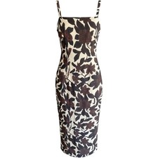 Commense Floral Midi Dress Brown Cream Open Back Ruched Strap Sheath NEW picture