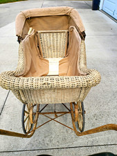 Vintage Wicker Baby Carriage Pram Buggy w/ Metal Frame, 4 Wheels, Tan Liner picture