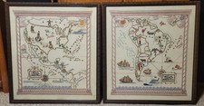 Vintage Pictorial Embroidery Art Map Set North & South America Framed 29.5