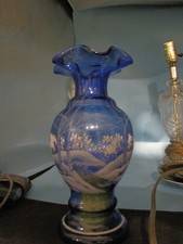 Vintage Fenton Art Glass Cobalt Blue Hand-painted Winter Hush Scene Signed Vase picture