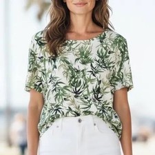 J. Jill Womens Small Green Bamboo Leaf Print Linen Blend Back Wooden Button Top picture