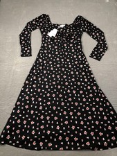 Boden Dress Womens 10R Black Floral Sweetheart Long Sleeve Midi Fit Flare NWT picture