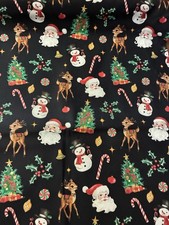 Nostalgic Christmas Fabric On Black By RAGD Santa Reindeer Candy Cane Cotton BTY picture