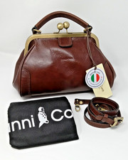 NWT GIANNI CONTI Choco Brown Kiss Clasp Frame Convertible Leather Satchel X-Body picture
