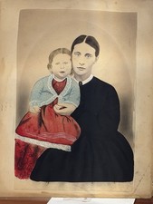 Antique 1864 Folk Art Portrait Mother & Child Hand Colored Photo Riggal Cliff picture