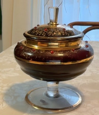 Vintage Cobalt Blue & Clear Glass with Gold Gilt Pedestal Covered Candy  Dish 8