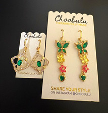 Choobulu 2 Pair Dangle Earrings Butterfly & Flower Green Crystal Gold Tone Hook picture