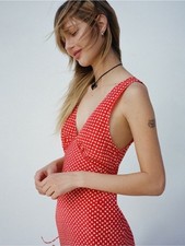 Realisation Par Stephanie Red Silk Midi M Dress Polka Dot Sexy Chic Party Casual picture