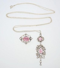 Gorgeous Antique Georgian Silver 9K Gold Pink Paste Necklace Brooch Pin Parure picture