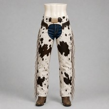 Hair On Cowhide Chaps White Brown Western Fringe Straight Leg Rodeo Cowboy picture