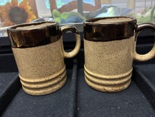 Vintage 1970’s Studio Art Pottery Speckled Stoneware Ribbed Coffee Mugs Set Of 2 picture