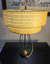 Vintage MCM Atomic Wire Onion Cage Table Lamp 2-Tier Geometric Greek Key Shade picture