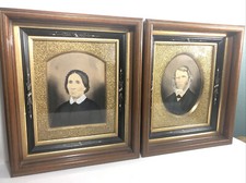 Antique Charcoal Portrait Photograph Set-Ornate Gold Frame- Mid 1800’s Couple. picture