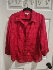 Coldwater Creek Red Floral Embroidered Button-Up Blouse Size L picture