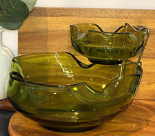 Vtg Anchor Hocking Avocado Green Glass Chip & Dip Set MCM Scalloped 3Pc Complete picture