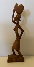Vintage Wood Carved Sculpture African Haiti Tribal Woman Carrying Basket Figure picture