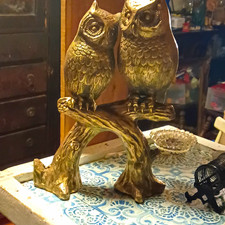 Vintage Brass Owls on Branch Statue MCM Mid Century Modern Owl Figurine 14in picture