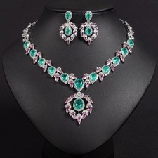 Vintage Emerald Green Pink Crystal Necklace Earrings Set Bridal Jewelry picture