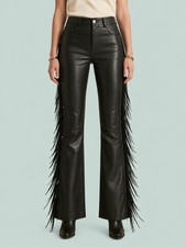 Women's Black Leather Fringe Pants Western Motorcycle Bootcut Trousers picture