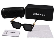 CHANEL SUNGLASSES BLACK WHITE FRAME 100% AUTHENTIC CLASSIC 6056 GOLD CHAIN PEARL picture