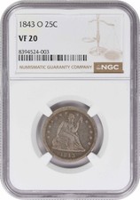 1843-O Liberty Seated Silver Quarter VF20 NGC picture