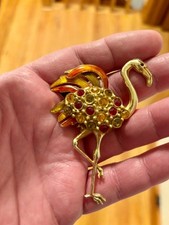 Vintage Large Rhinestone & Enameled Flamingo Brooch - Gold Tone Setting picture