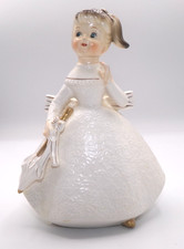 Vintage Ceramic Lady Planter Rubens  White Gold Umbrella White Dress Big Bow picture