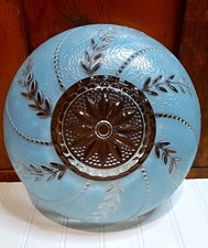 Vintage 1930s Art Deco Blue Frosted Glass Ceiling Light Cover Vine and Leaf 10