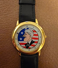 Political Bill Clinton Wristwatch Gold Case Black Leather Strap Collectible picture