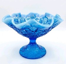 Vintage Fenton Glass Blue Opalescent Water Lily Pedestal Compote Bowl UV Glow picture