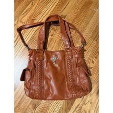 Women's Brown Braided Leather Shoulder Bag with Cross Accent picture
