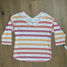 NEW T by Talbots Women's Striped Crew Neck Cross Back 3/4 Sleeve Top Size L NWT picture
