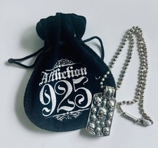 Vtg Affliction 925 Sterling Silver Clustered Skull Pile Dog Tag Chain Bag Set  picture