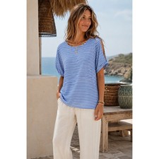 J. Jill Love Linen Striped Cold Shoulder Top Blue White Coastal Boho XL picture