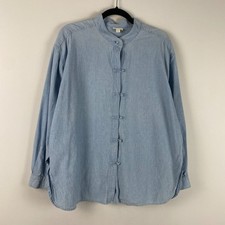J Jill Denim Shirt L Light Blue Chambray Mandarin Collar Asian Toggle Tunic picture