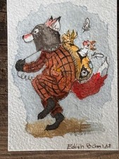 Origional Watercolor  ACEO Fox stealing chickens signed by artist Edith Schmidt picture