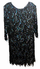 Vintage 100% Silk Iridescent Sequin Beaded Dress Morticia Addams Plus Size 16 picture