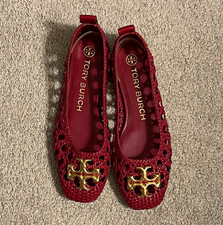 Tory Burch Red Woven Chelsea Ballet Flats Slip-On Round Toe with Logo Accent picture