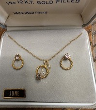 Vintage 1/20 12K GF Necklace And Earrings Set 14 Kt Gold Posts June Birthstone picture